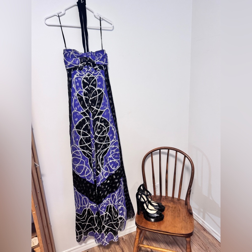 Nicole Miller Black and Purple Floral long halter Dress
